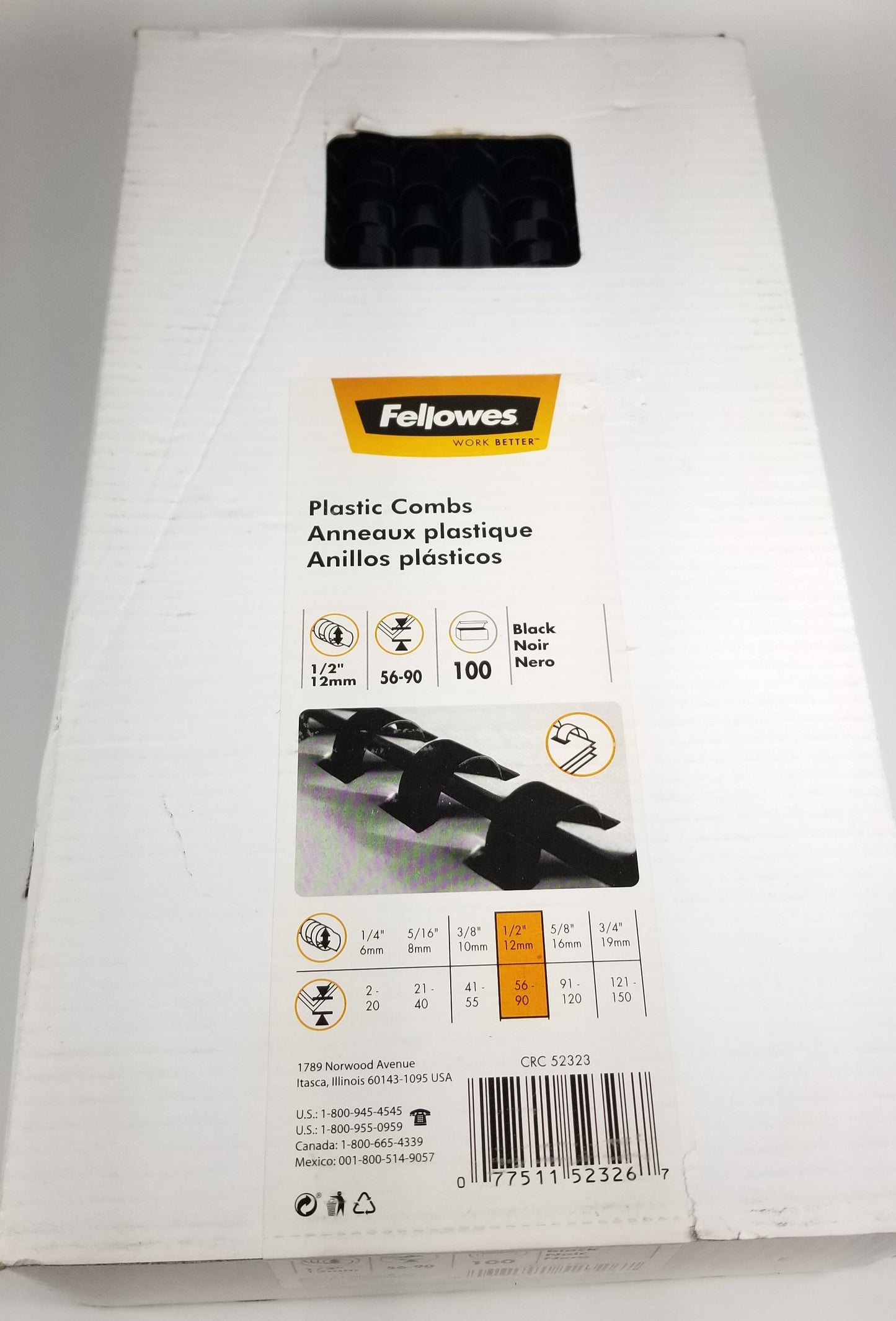 Fellowes Black plastic combs 1/2" 100 pack