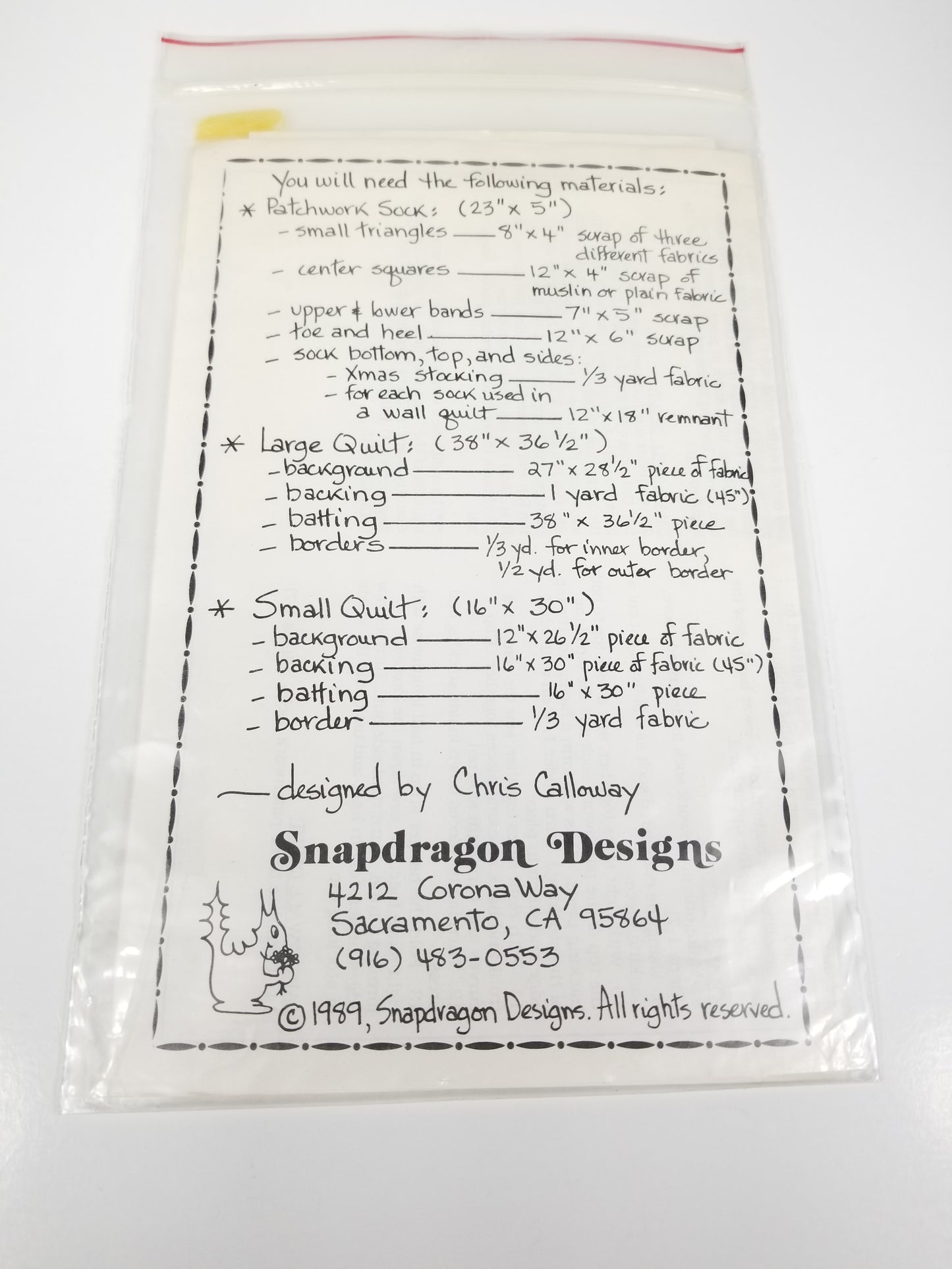 Snap Dragon Designs Christmas Sock stocking and quilt pattern 1989