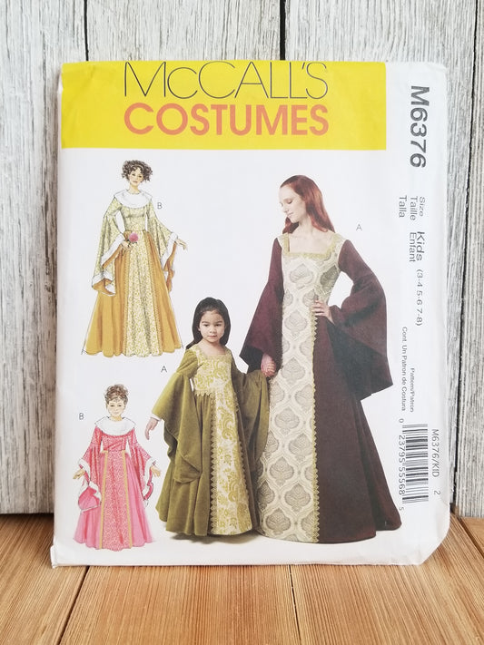 McCalls M6376 Medieval Theatre Princess Gown Wide Sleeves Costume Halloween Pattern Size Kids 3-8 UNCUT FF