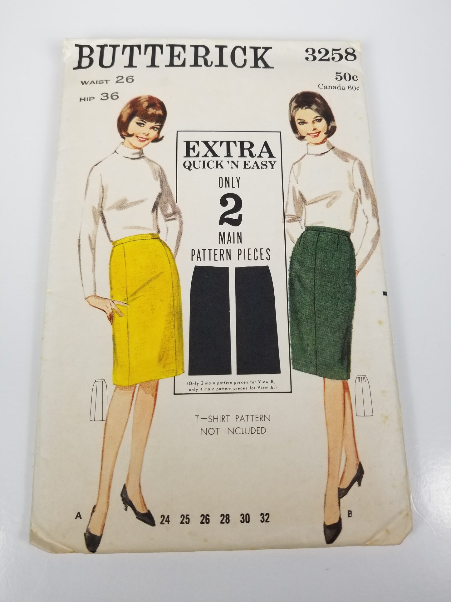 1960's Butterick 3258 2 Piece Pencil Skirt Pattern Waist 26 Hip 36 Complete
