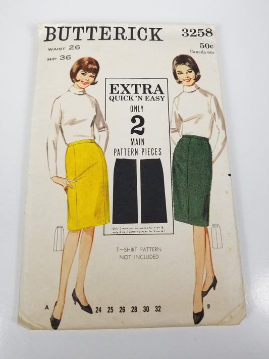 1960's Butterick 3258 2 Piece Pencil Skirt Pattern Waist 26 Hip 36 Complete