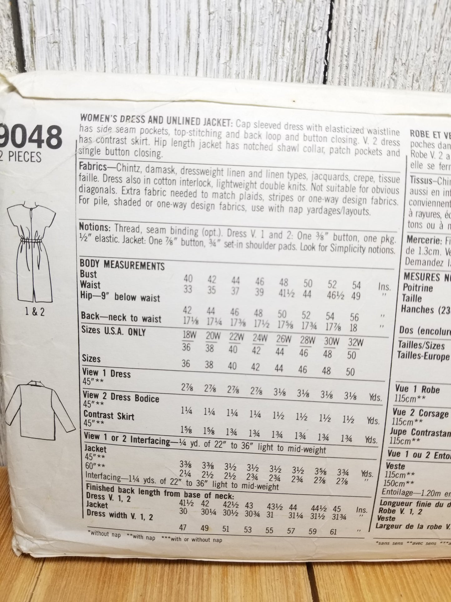Simplicity 9048 Womans Dress Unlined Jacket 22W Uncut FF