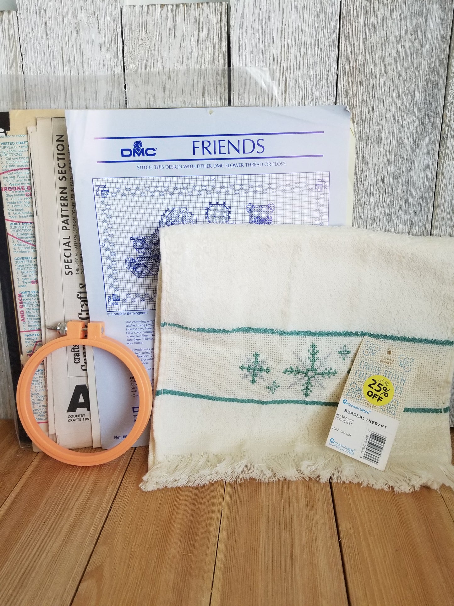 Vintage ross Stitch and sewing pattern Grab Bag Finished Cross Stitch Towel and plastic embroidery hoop
