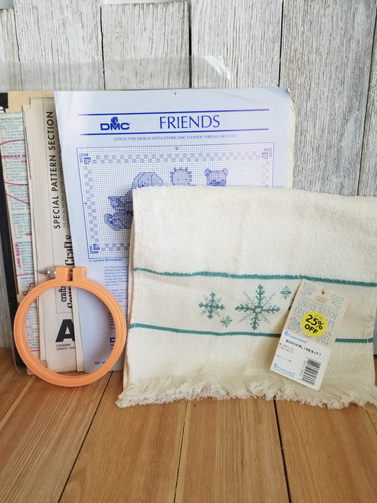 Vintage Cross Stitch and sewing pattern Grab Bag Finished Cross Stitch Towel and plastic embroidery hoop
