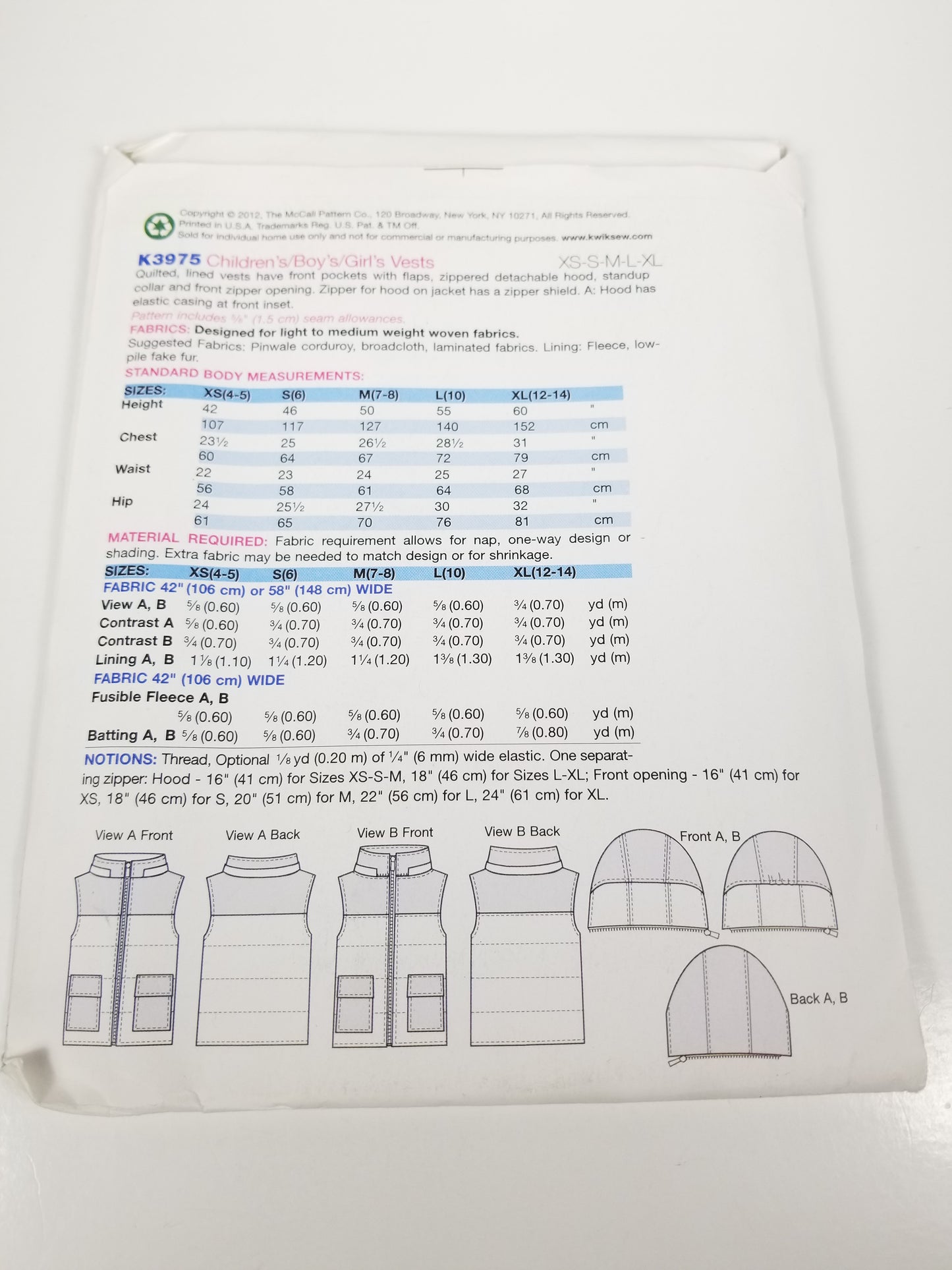 Kwik Sew K3975 Childs Quilted Vest Detachable Hood XS S M L XL Uncut FF