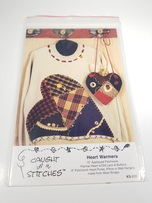 Caught up in Stitches Heart Warmers 16" and 8" Applique Patchwork heart Pattern UNCUT