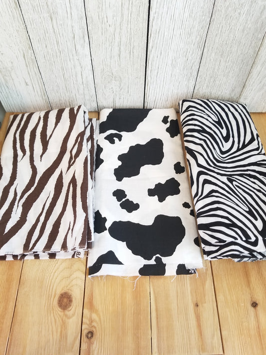 Animal Print 100% Cotton Fabric Cow, Brown Zebra, Zebra Bundle
