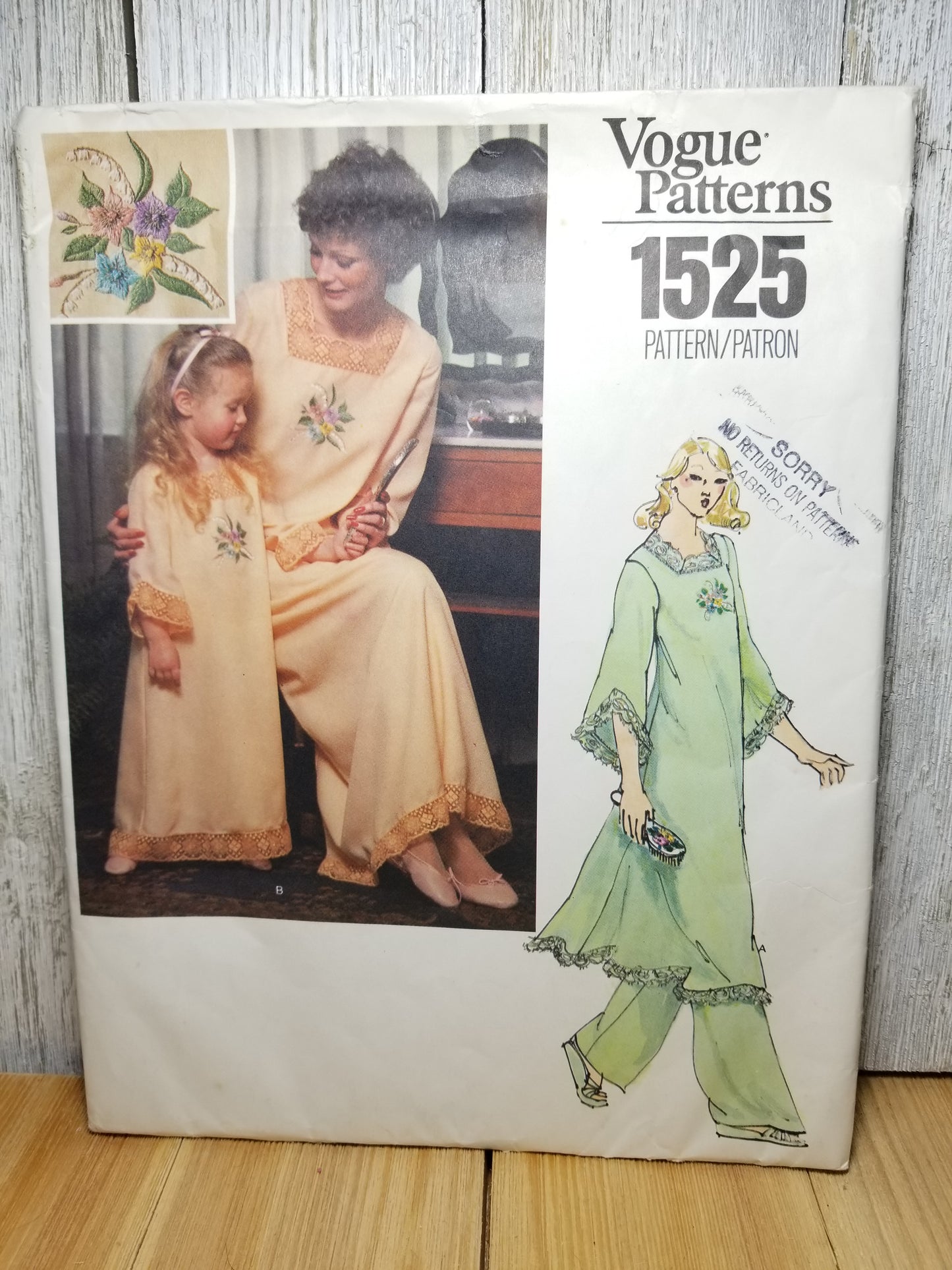Vogue 1525 Vintage Sewing Pattern Nightgown and Pants with Embroidery Transfer in Misses Size 18 1970's Uncut FF