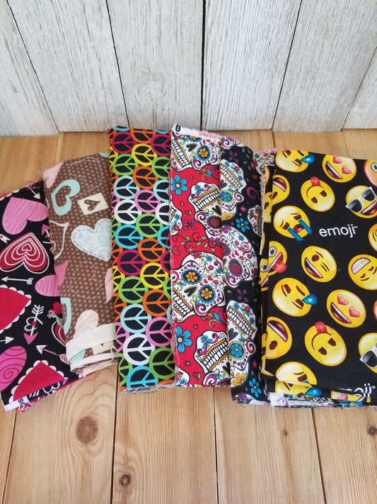 2000's Style Lot 100% Cotton Fabric Peace Sign, Smiley Face Emoji, Day of the Dead Skull, Hearts
