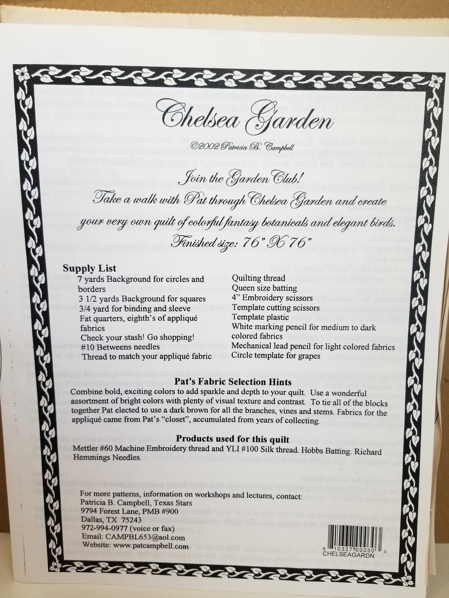Chelsea Garden Patericia B Campbell embrodery quilt pattern c 2002