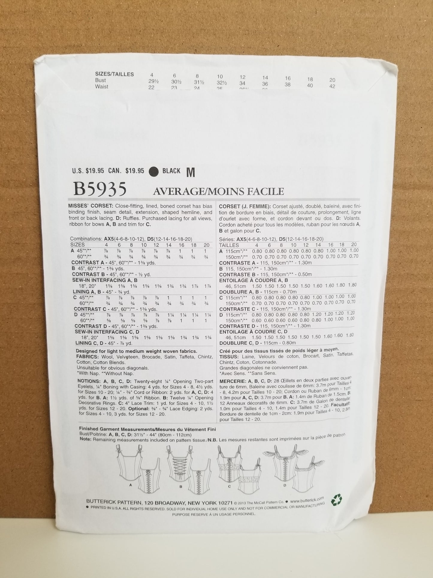 Butterick B5935 Misses Corset 4 styles Size 4-12 Pattern Uncut FF
