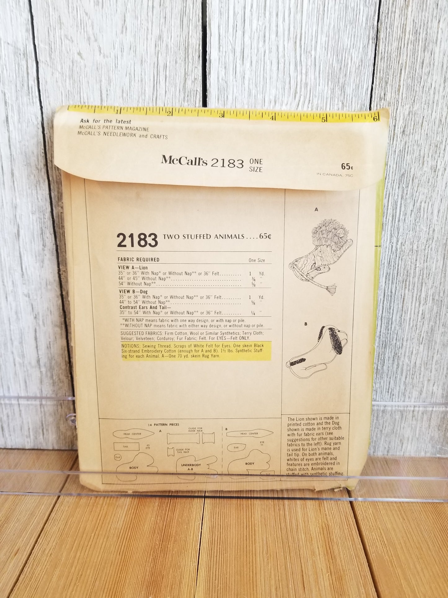 McCall's 2183 8inch dog and Lion Stuffed Animals Sewing Pattern Complete