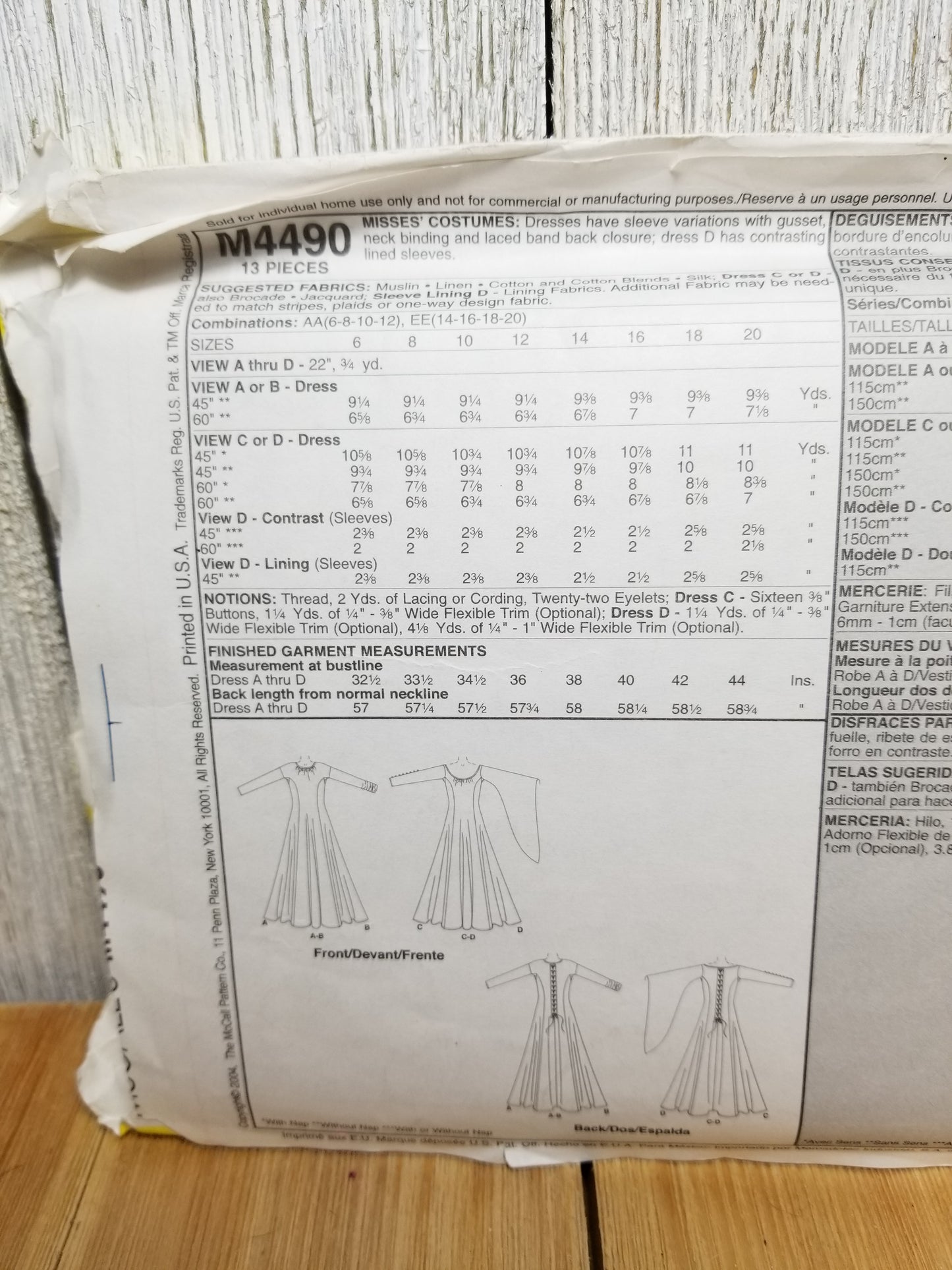 McCall's M4490 Costumes Renaissance Medieval Dress Costume Flowing Sleeve Uncut FF