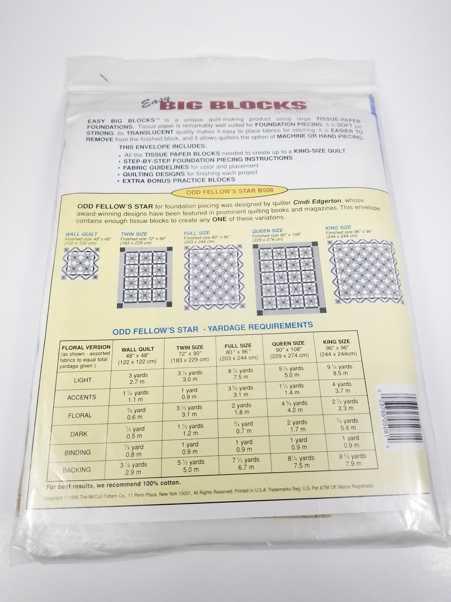 Easy Big Blocks B508 Tissue Paper Foundations 8" Blocks Odd Fellow's Star Quilt Pattern