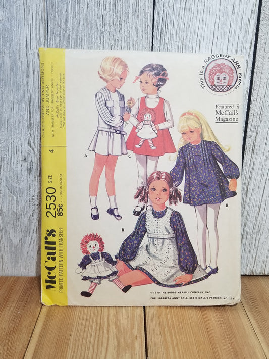 1970 McCall's 2530 Tuck Front Dress and Pinafore Size 4 Uncut FF Sewing Pattern Raggedy Ann