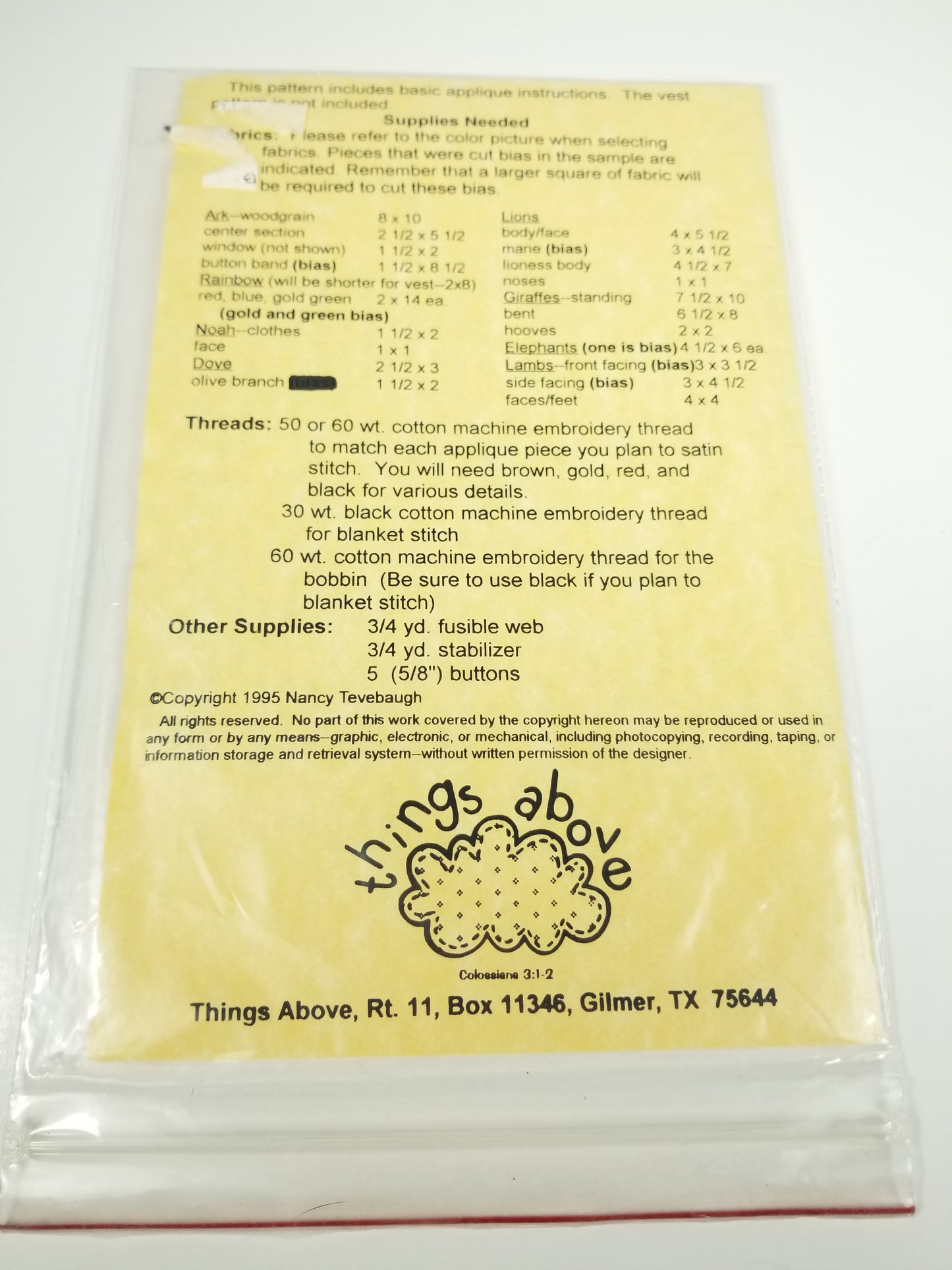As it Was in the Days of Noah #316 Animal applique pattern sewing pattern from things above