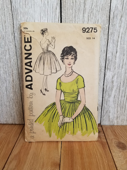 Advance 9275 Vintage Sewing Pattern Full Skirt Scooped Bodice Dress Size 14 Complete