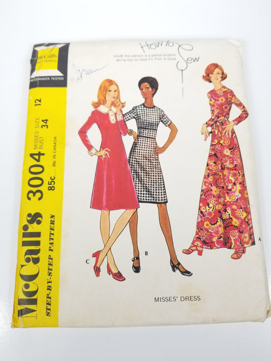 McCall's 3004 Mod A-line dress with Darts Size 12 Uncut FF sewing pattern