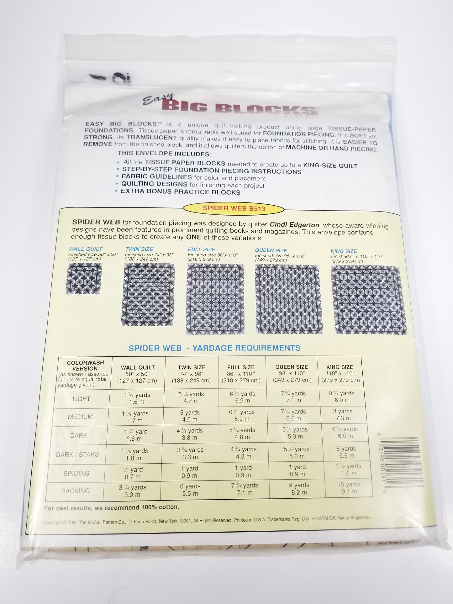 Easy Big Blocks B513 Tissue Paper Foundations 12" Blocks Spider Web Quilt Pattern