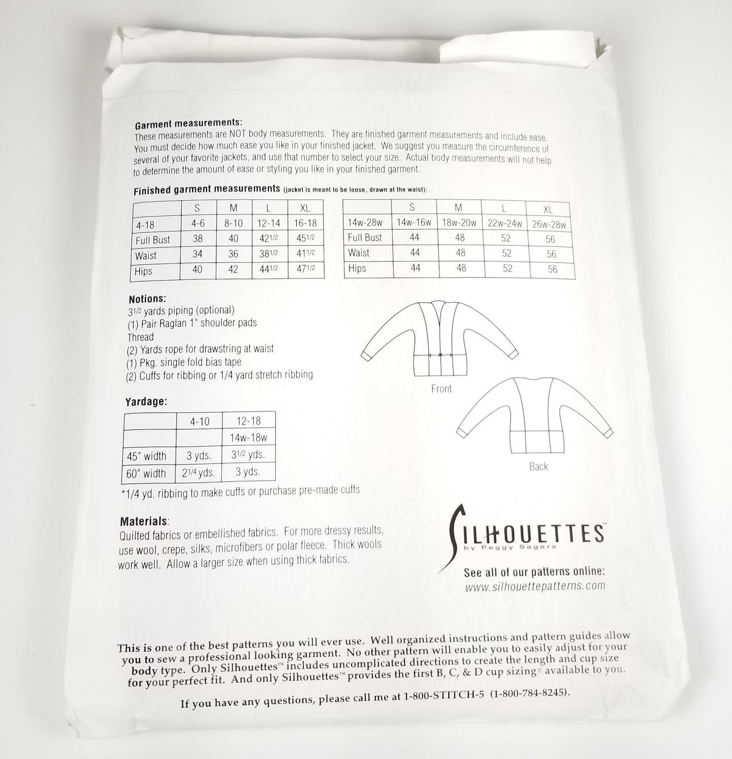 Silhouette #1850 Quilted Jacket Size 1,2,3,4 5W-8W fit to size new uncut ff sewing pattern