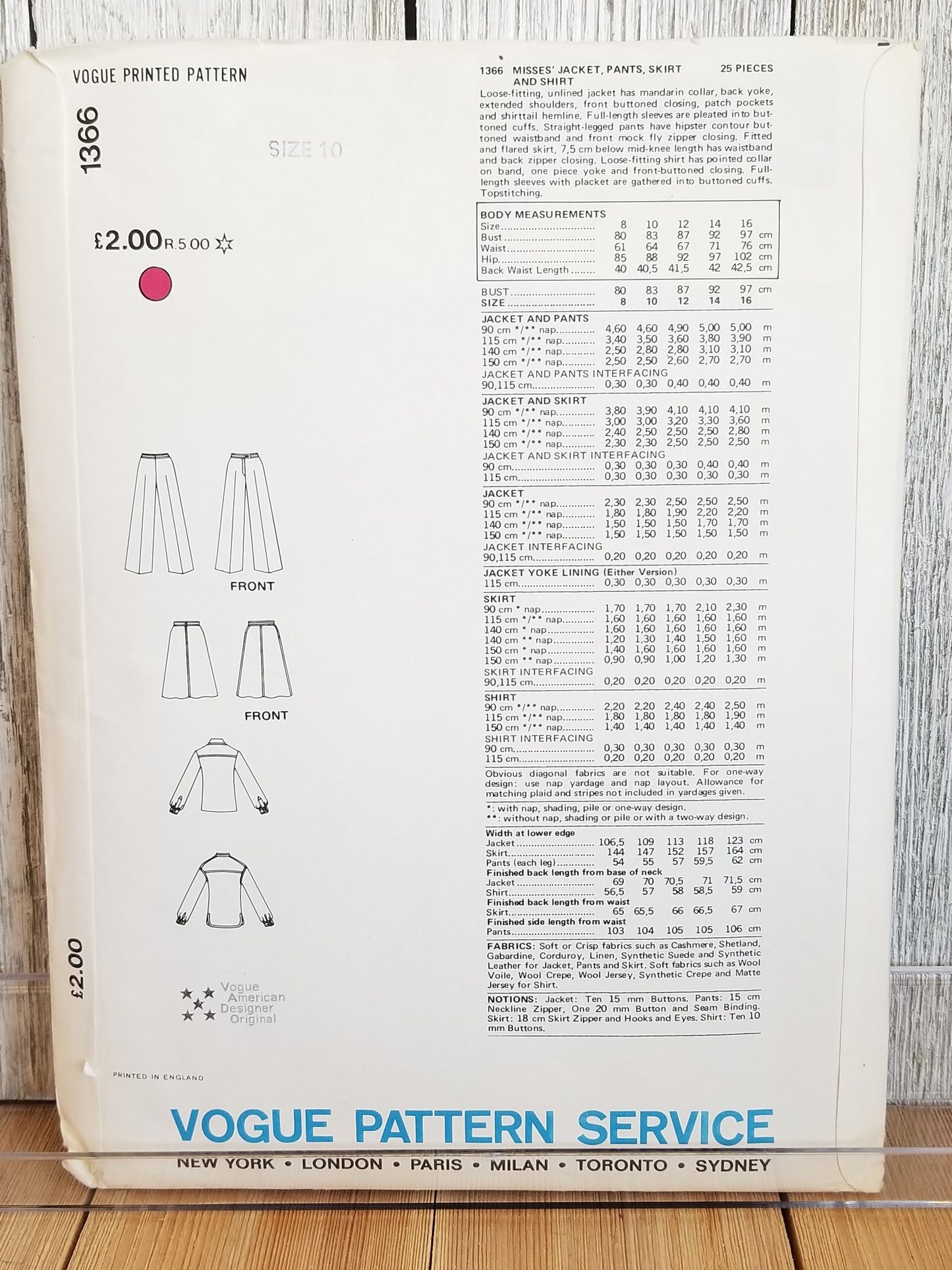 Vogue 1366 With Original Vogue Label Calvin Klein Misses Jacket Pants Skirt and Shirt Vintage Sewing Pattern Size 10 Uncut FF with vogue label