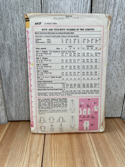 Simplicity 6427 Boys Teen Pajamas Size 10-12 Uncut FF Sewing Pattern