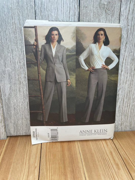 Vogue 2759 Business Two-piece Suit Anne Klein Below Hip Jacket, Wrap Top, Straight Legged Pants Size 6-10 Uncut FF
