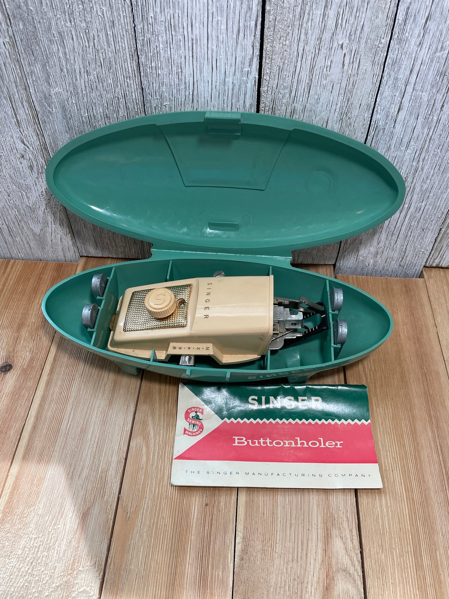 Vintage Singer Green Buttonholer “Jetson” Atomic Style Case and Instructions Included