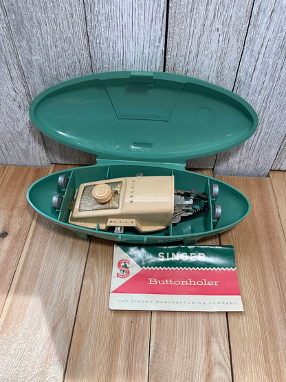 Vintage Singer Green Buttonholer “Jetson” Atomic Style Case and Instructions Included