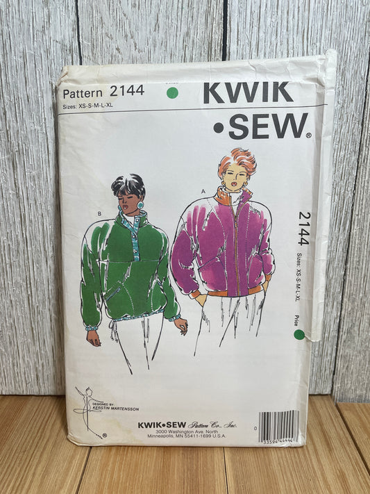 Kwik Sew 2144 Winter Misses Jacket with Zipper or Bitton Front Pockets Pattern Size XS-XL UNCUT FF