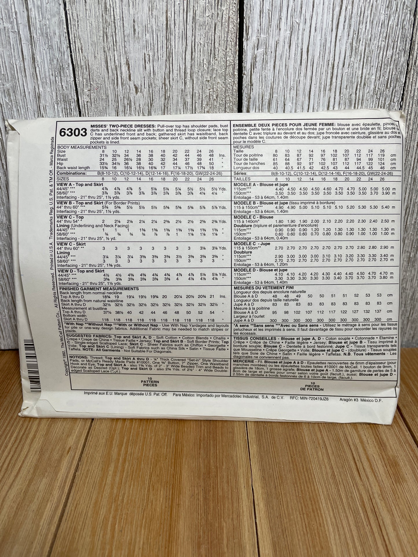 McCall's 6303 Two Pices Dress Pull Over Top with Shoulder Pads Gathered Skirt Size 10-14 Pattern Uncut FF