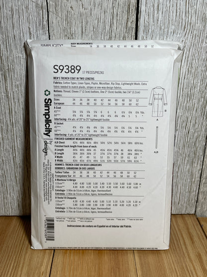 Simplicity MIMI G S9389 Trench Coat in Two Lengths Size 44-52 Pattern Uncut FF