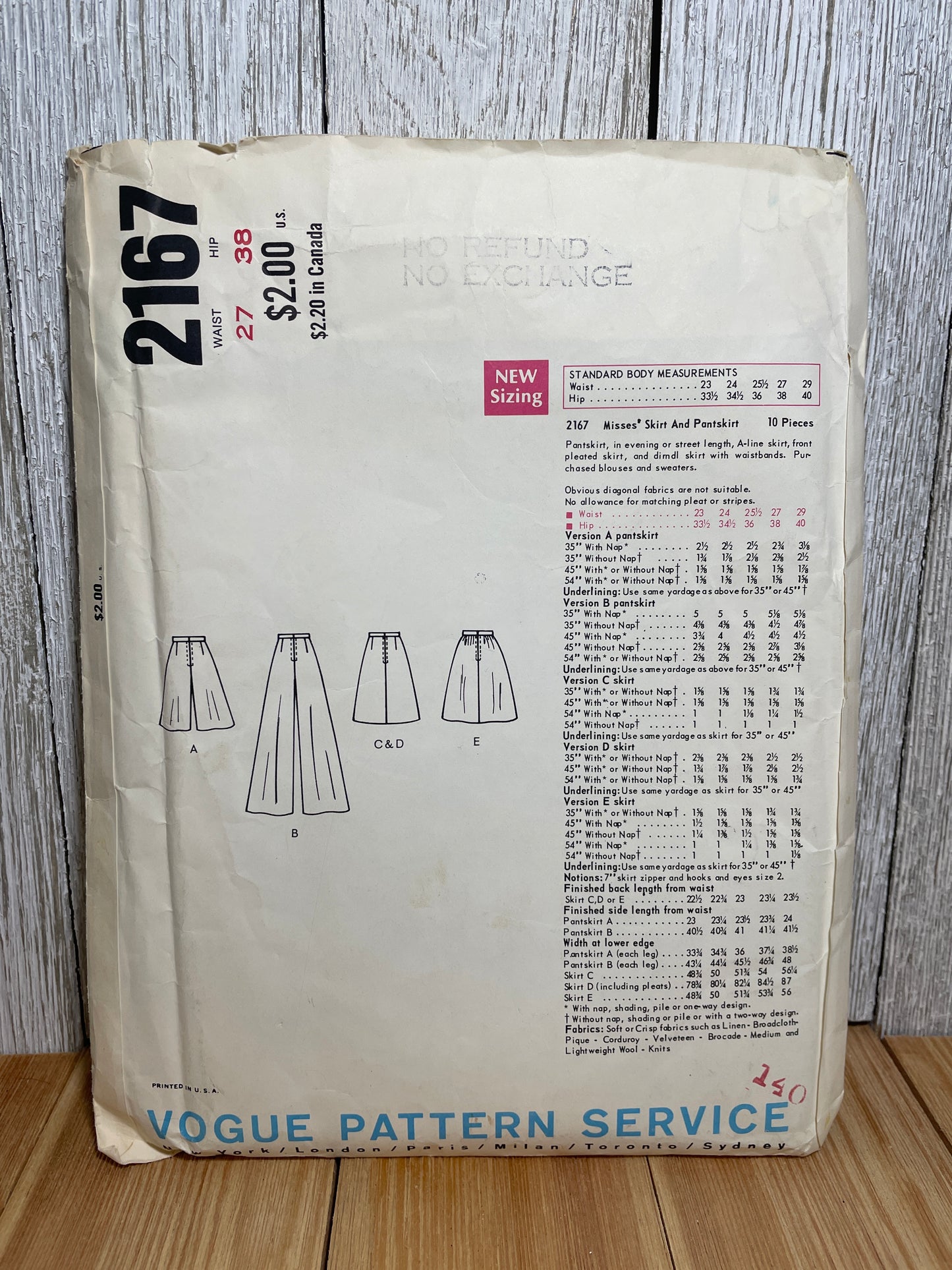 Vogue 2167 Basic Design Pleated Mid-Thigh Skirt, Bell Bottom Pants Size 27" Waist 38" Hip Pattern UNCUT FF