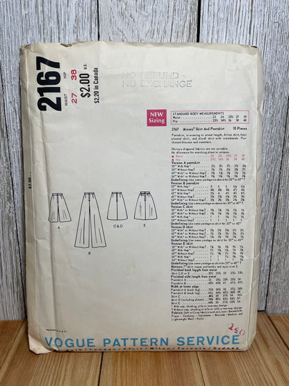 Vogue 2167 Basic Design Pleated Mid-Thigh Skirt, Bell Bottom Pants Size 27" Waist 38" Hip Pattern UNCUT FF
