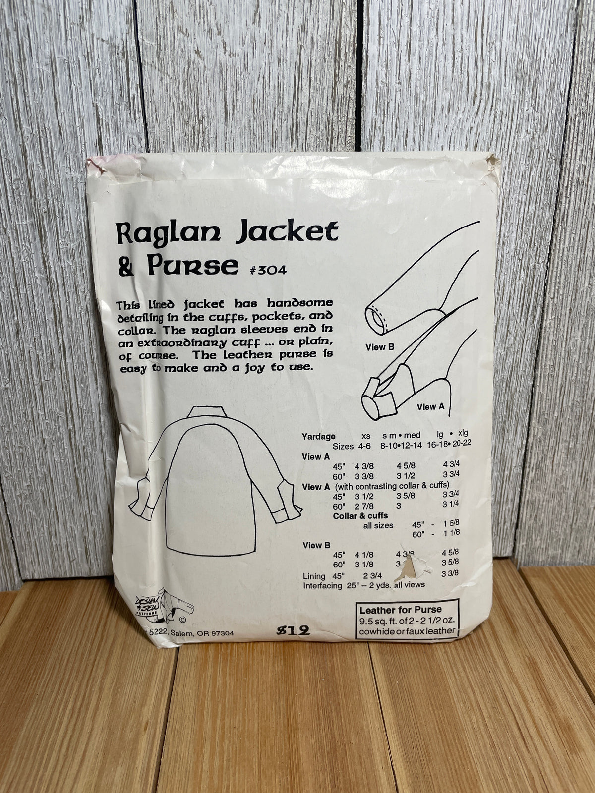 Design & Sew Raglan Jacket and Purse #304 Lined Jacket with Leather Purse Pattern Size 4-22 UNCUT FF