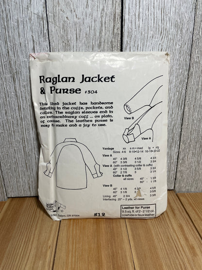 Design & Sew Raglan Jacket and Purse #304 Lined Jacket with Leather Purse Pattern Size 4-22 UNCUT FF