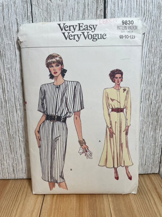 Very Easy Very Vogue 9830 Mid-Knee Extended Shoulders Dress 80's Silhouette Pattern Size 8-12 UNCUT FF