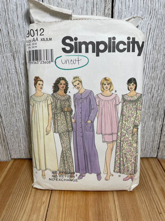 Simplicity 9012 Women's Sleepwear Dresses and Two-Piece Set Size XS-M Pattern Uncut FF