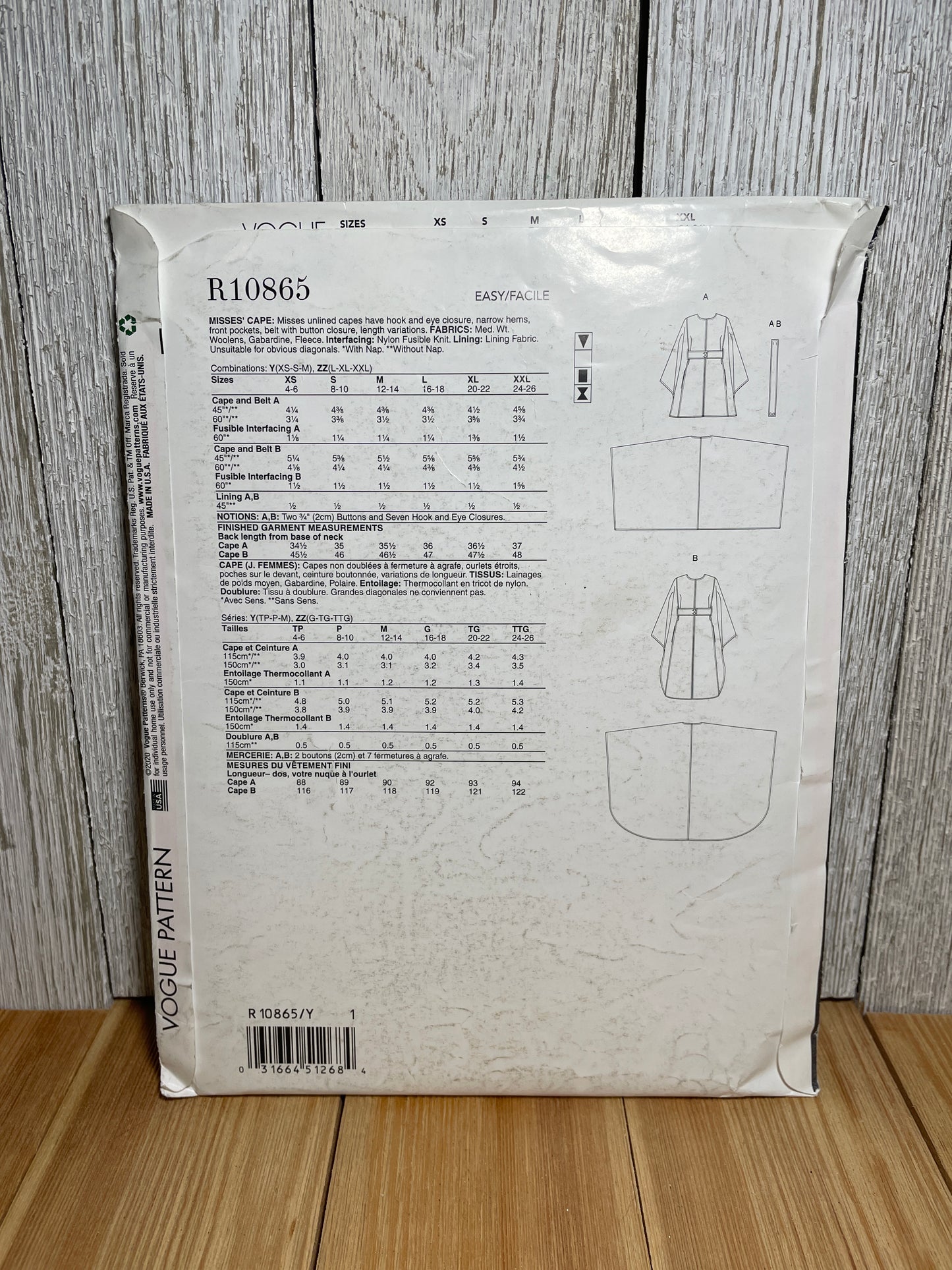 Vogue R10865 Bat Wings Cape with Belt Mid Knee Size 4-14 Pattern UNCUT FF