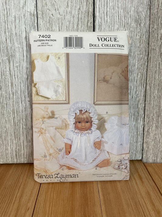 Vogue 7402 Doll Collection 14"-16" Doll Layette Pattern UNCUT FF
