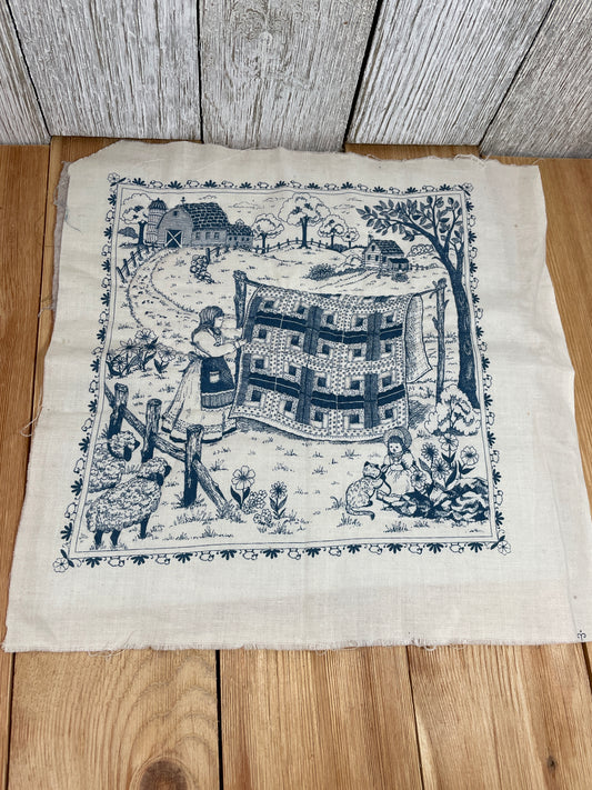 Smile Quilt Folk Art 11"x11" Blue and White Quilt Square Partially Hand-Quilted