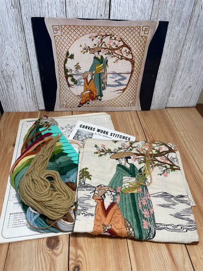 Abandoned Project Dimensions Oriental Blossoms Pillow 1125 Crewel Embroidery Complete Kit