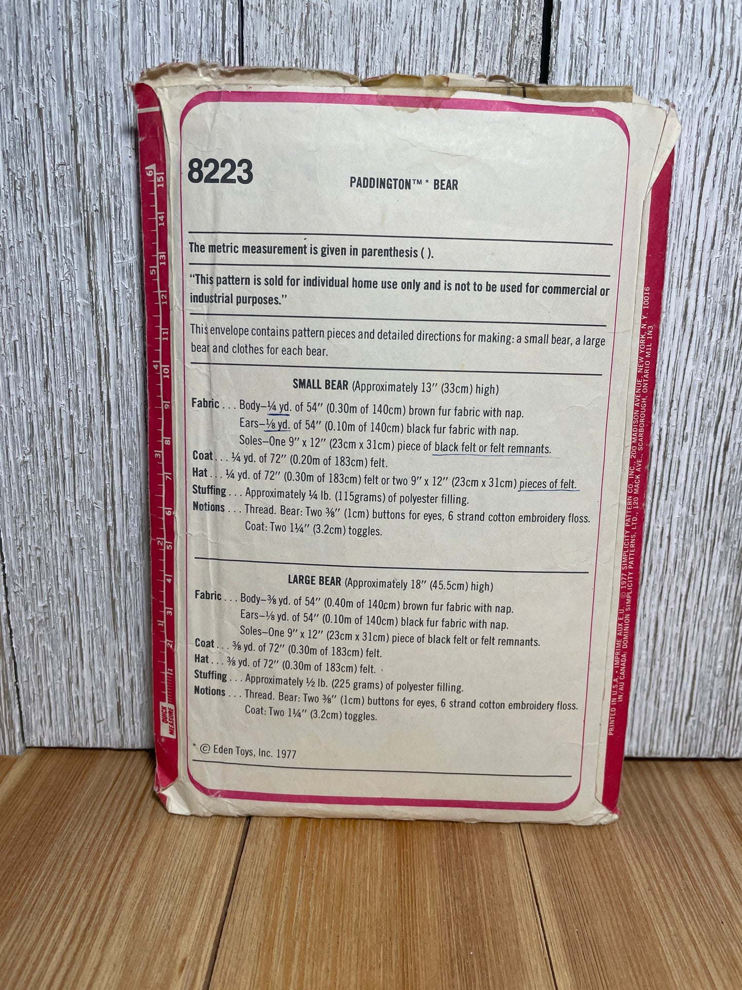 Simplicity 8223 Paddington Bear in Two Sizes Teddy Bear with Wardrobe Pattern Cut