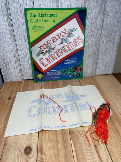 Vintage Merry Christmas and Happy New Year Stamped Cross Stitch Sampler Bundle of 2