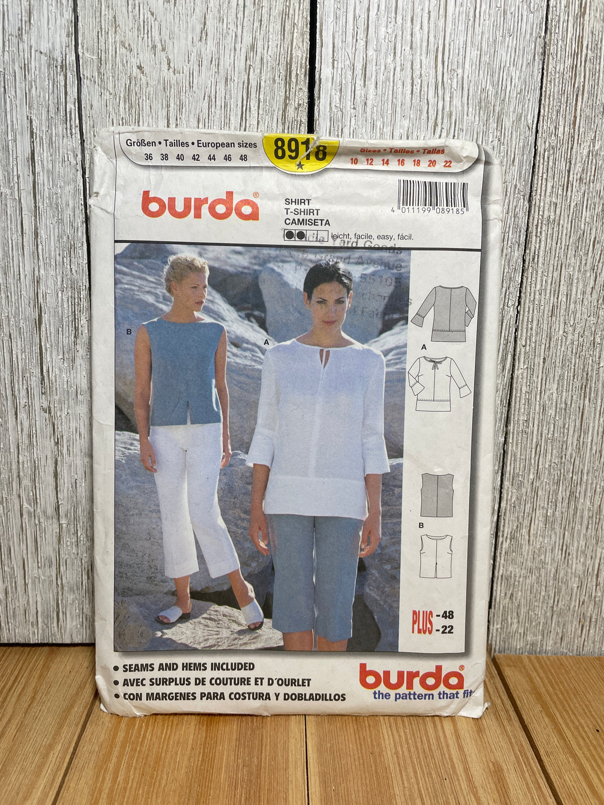 Burda 8918 Summer Shirt with Keyhole or Notch Vest or 3/4 Sleeve Pattern Plus Size 10-22 UNCUT FF