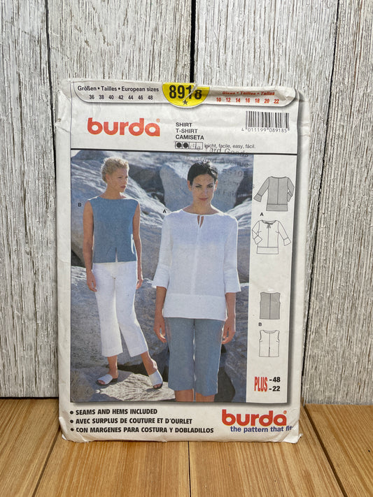 Burda 8918 Summer Shirt with Keyhole or Notch Vest or 3/4 Sleeve Pattern Plus Size 10-22 UNCUT FF