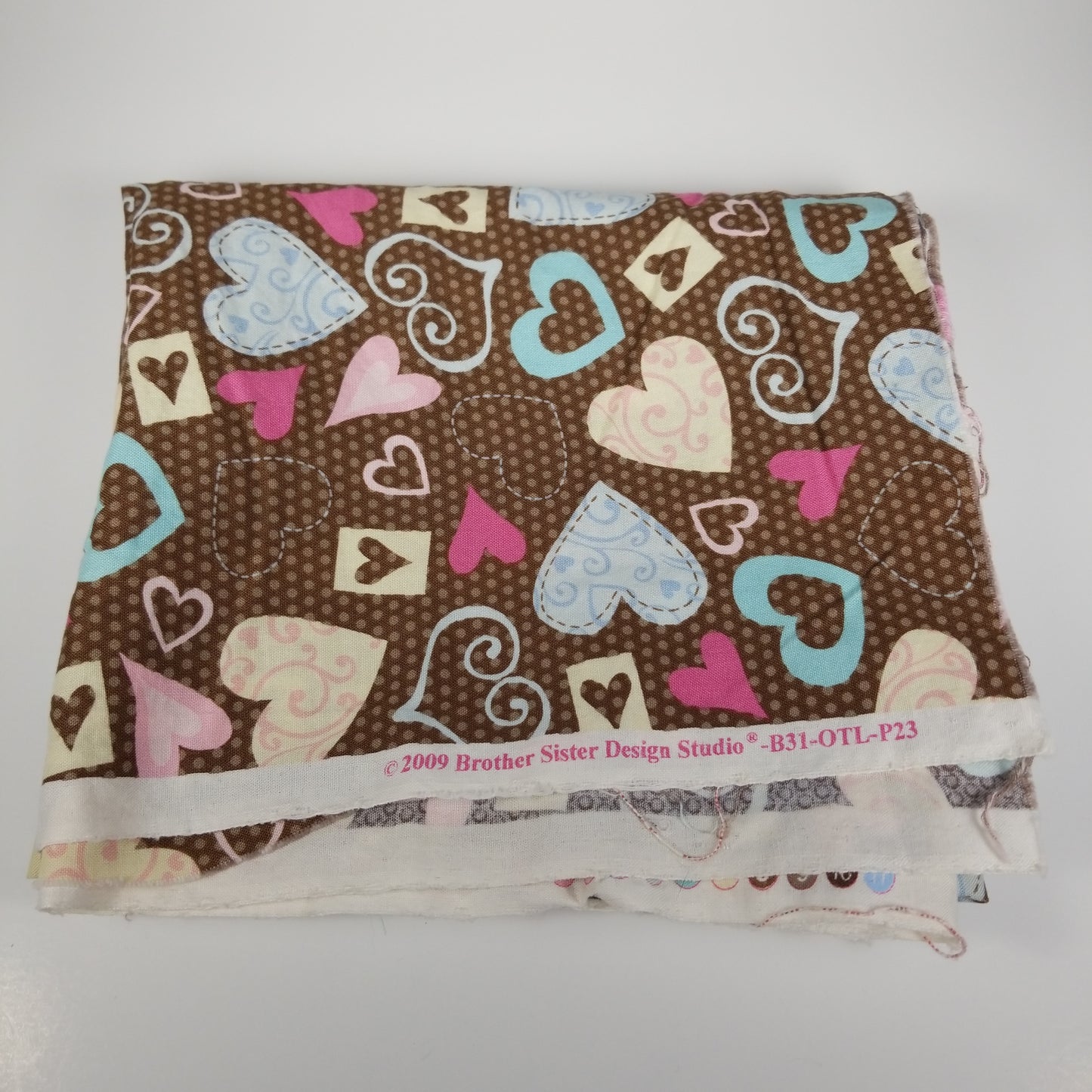 FABRIC Brown pink light blue heart valentine cotton