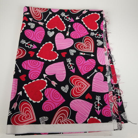 Black and pink hearts cotton fabric