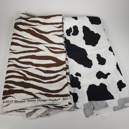 Animal print bundle cow and brown zebra cotton fabric (2 fabrics)