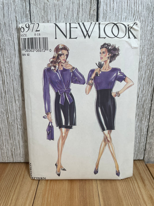 New Look 6972 Two Tone Circle Neck Dress and Wrap Jacket with Bow Pattern Size 8-18 UNCUT FF